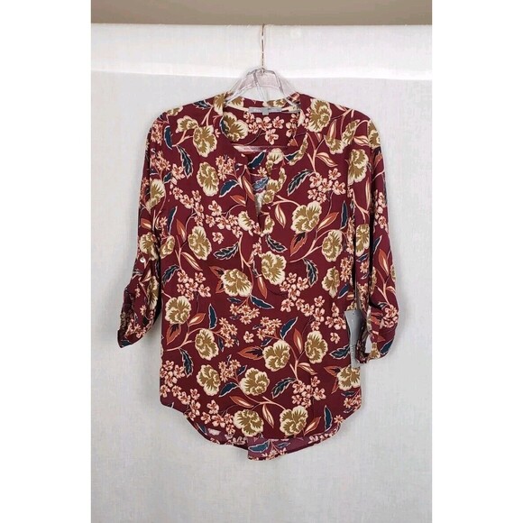 Daniel Rainn Tops - Daniel Rainn Blouse Top M Brown Multicolor‎ Floral Roll Tab Sleeves Autumn Fall